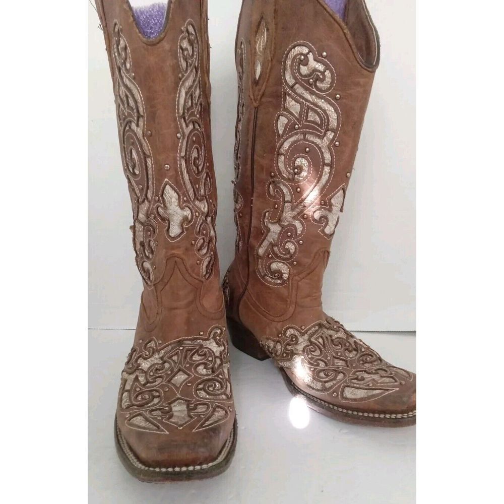 Western Cowgirl Boots Brown Leather Embroidered Floral Design Square Toe - Picture 4 of 7